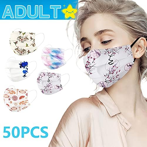 50 PCS Disposable_Face Maskeleri için Aldult, Çiçek Baskı 3-Katmanlı Koruyucu Maskeleri Nefes Yüz Maskesi ile Elastik Kulak Askıları