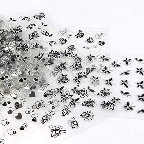 Kelebek Nail Art Sticker Çıkartmaları 3D Kendinden Yapışkanlı Siyah Beyaz Tırnak Sanat Malzemeleri Kelebek Gül Taç Tasarımlar