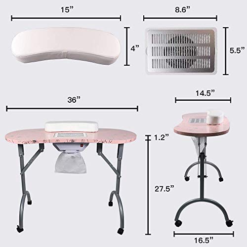 LEİBOU Profesyonel Katlanır Taşınabilir Bacalı Güzellik Manikür masası Tırnak Masası Salon Spa Fan ve Çanta ile (35 x 16 x 28)