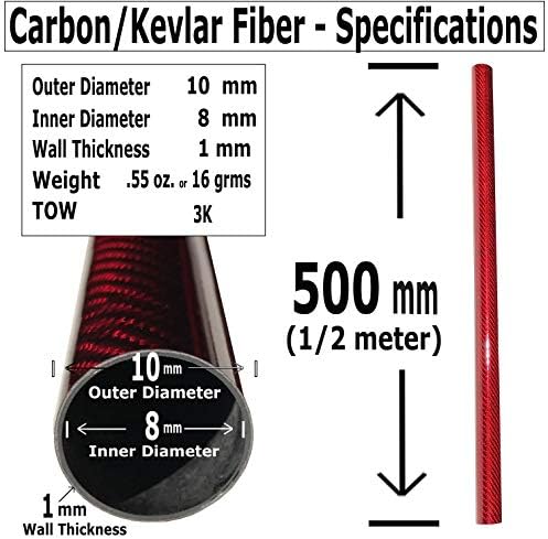 (1) KIRMIZI-Karbon Fiber-Kevlar Tüp-10mm x 8mm x 500mm -3 K Rulo Sarılmış 100 % Karbon Fiber Tüp Parlak Yüzey (1 Tüp)