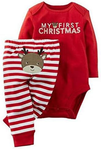 Noel Romper 2 Adet Kıyafetler Bebek Erkek Kız Noel Ren Geyiği Baskı Uzun Kollu Bodysuit Gömlek + Çizgili Pantolon Seti