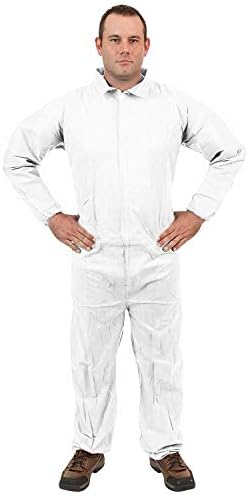 İnanılmaz Tek Kullanımlık SF Tulum 66 Uzunluğunda. Elastik Bilekler, Fermuarlı Beyaz Lamine PP 60 gsm Tam Vücut Koruyucu Elbise.