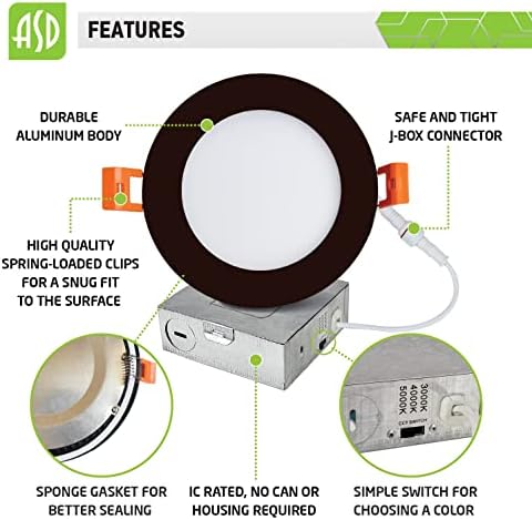 ASD LED Gömme Aydınlatma 4 inç, 3 CCT 3000K/ 4000K/ 5000K Seçilebilir, IC Dereceli, Bağlantı Kutusu ile Ultra İnce Kısılabilir