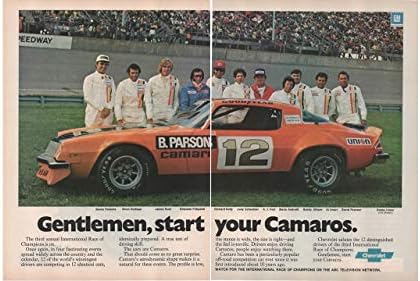 Dergi Baskı İlanı: 1976 Chevy Camaro, 12 Pilotlar Uluslararası Şampiyonlar Yarışı, Benny Parsons, Brian Redman, James Hunt, Emerson