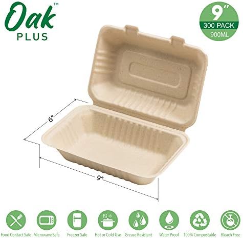 Glitzhome Oak Plus Kompostlanabilir Kapaklı Paket Servis Kapları [6X9 300'lü Paket], Kapaklı Yiyecek Kutuları, Çevre Dostu Yemek