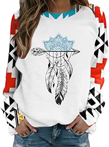Kadın gevşek Fit Kazak Vintage Batı Aztek Baskı Uzun Kollu Kazak Yuvarlak Boyun bluz gömlek Tops