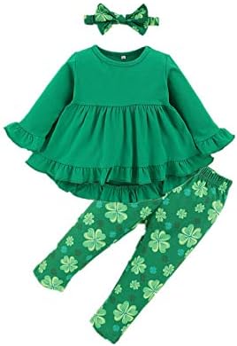 Toddler Bebek Kız Aziz patrick Günü Giysileri Uzun Kollu Çizgili Fırfır Elbise Üst ve Pantolon Todder Kız 2 Adet Kıyafet Setleri