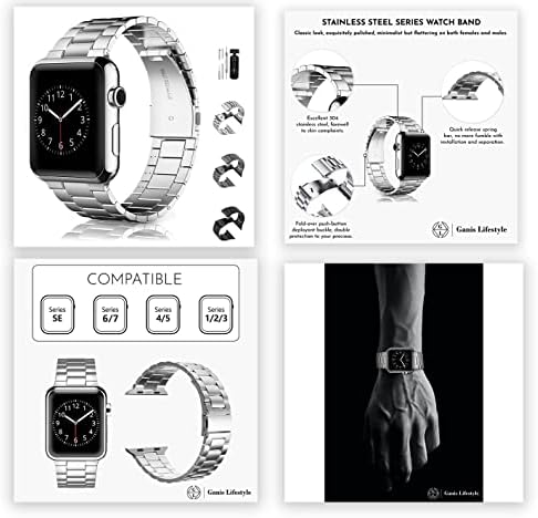 Ganis Lifestyle elegant 304 paslanmaz çelik saat kayışı Apple watches ile uyumlu (Apple watch serisi 7,6,5,4,3,2,1, SE) Siyah,