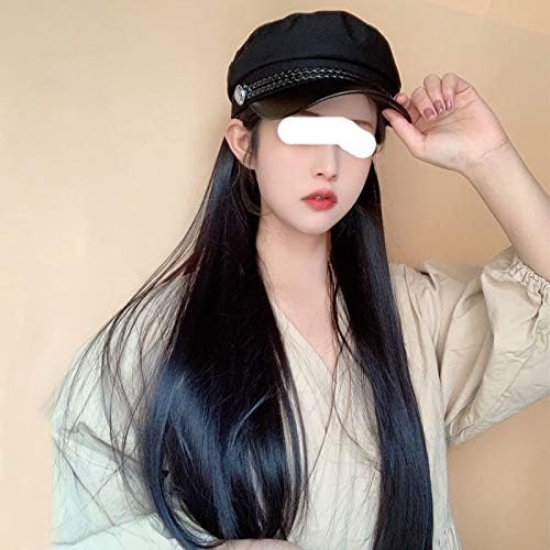 FKSDHDG Sentetik Uzun Düz Peruk ile Şapka Moda Kış Kap Saç Peruk saç ekleme Kadınlar için (Renk: Koyu Kahverengi)