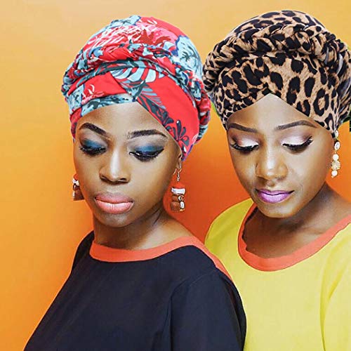 Woeoe Afrika Türban Leopar Baskı Streç Şapkalar Baskı Desen başörtüsü Elastik Bere Kap Kafa Wrap Kadınlar ve Kızlar için(2 Adet)