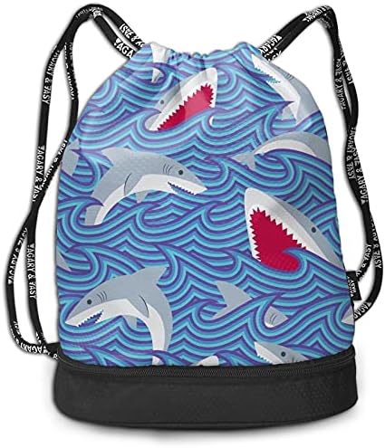 Rahat mavi köpekbalığı ipli sırt çantası, plaj Sackpack seyahat dize çanta spor salonu alışveriş spor Yoga için