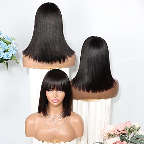 Kısa postiç Siyah Kadınlar Için İnsan Saç Patlama Ile Brezilyalı işlenmemiş insan saçı Yok Dantel ön peruk 200 % Yoğunluk Makine