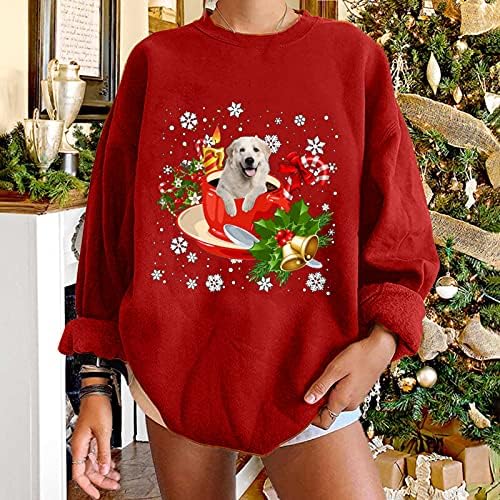 Grafik Tişörtü Kadınlar ıçin Vintage Estetik Noel Köpek Baskı Uzun Kollu Gömlek Düz Renk Ince Sonbahar Kazak
