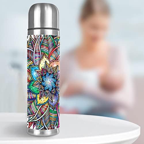 17 oz Vakum Yalıtımlı Paslanmaz Çelik Su Şişesi Spor Kahve Seyahat Kupa Flask Hakiki Deri Sarılmış BPA Ücretsiz, Mandala Dekoratif