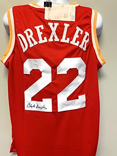 Clyde Drexler Houston Rockets İmzalı İmza Özel Jersey Kırmızı JSA Sertifikalı