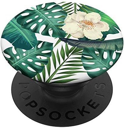 Tropikal Yeşil Palmiye Ağacı Yaprakları ile Beyaz Çiçekler Desen PopSockets Değiştirilebilir PopGrip