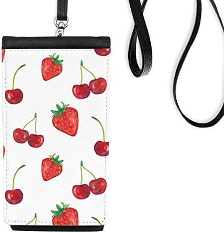 Kırmızı Çilek Meyve İllüstrasyon Desen Telefon Cüzdan çanta Asılı Cep Kılıfı Siyah Cep